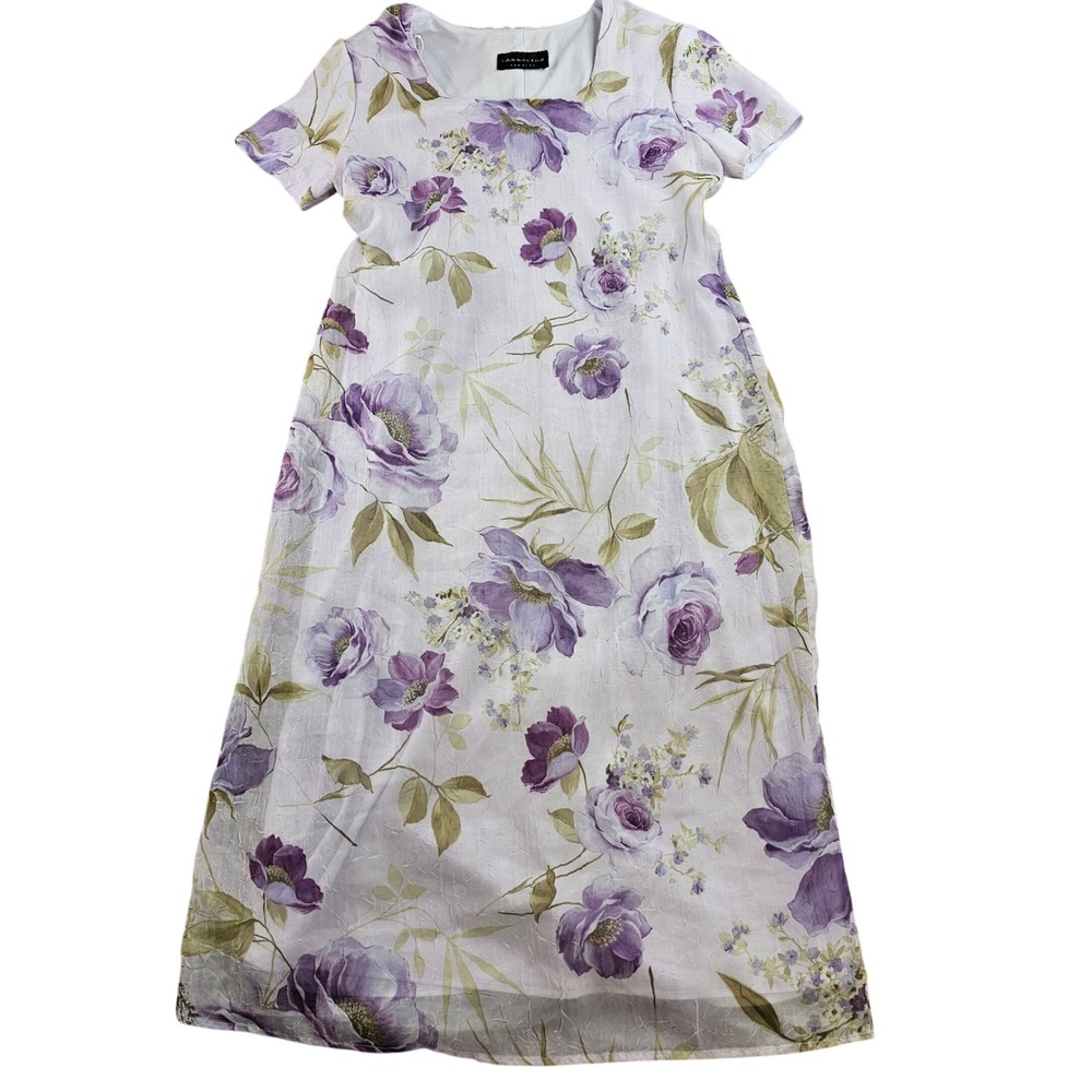 Connected Apparel Maxi Dress Womens White Purple Floral Short Sleeve Round Neck